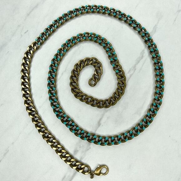 Premier Designs Gold Tone Blue Rhinestone Studded Chain Link Necklace - Picture 1 of 11